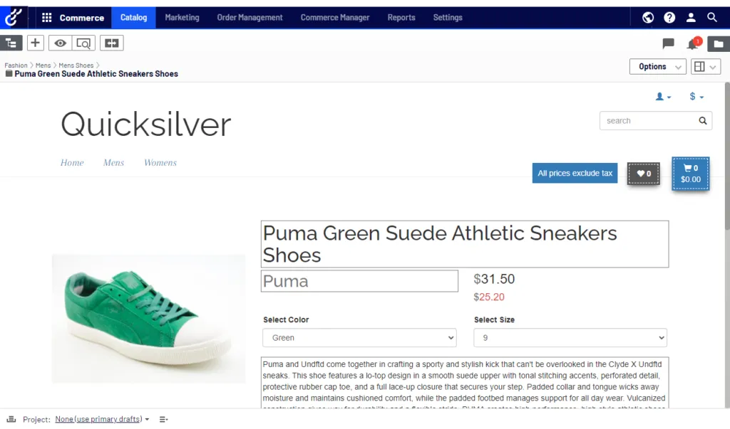 Catalogue management in Optimizely Commerce Connect, shown with the Quicksilver demo site